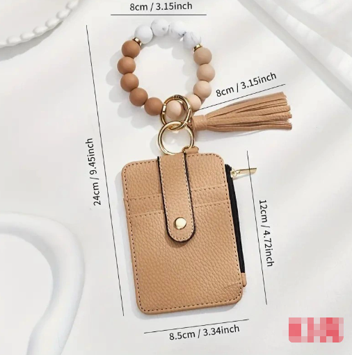 2 Pack Black-white Silicone Beaded Wristlet Keychain Wallet Bangle with Tassel PU Leather ID Card Holder for Women Hands Free Key Ring Organiser