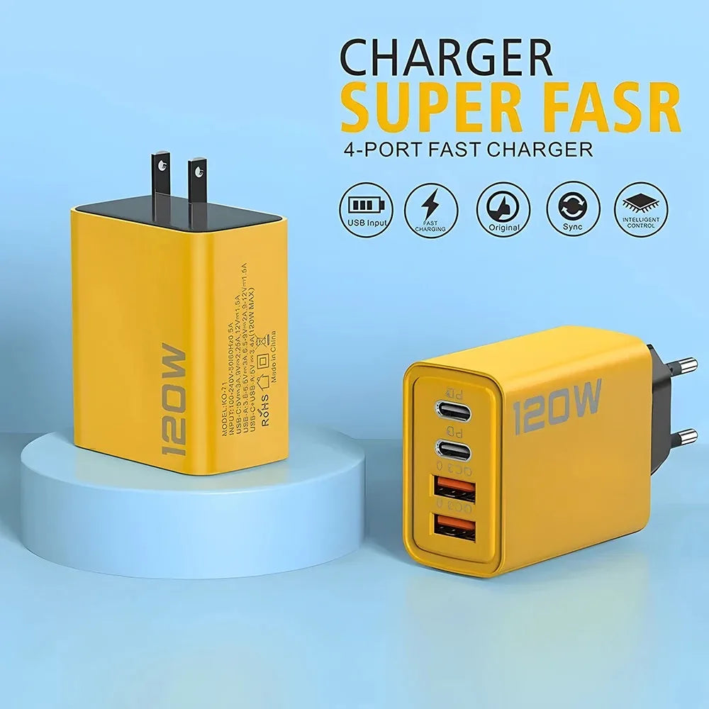 4 Port USB Charger Total 120W Type C Fast Charge Mobile Phone Adapter For iPhone Samsung Xiaomi Huawei Quick Charge Wall Charger