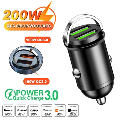 100W/200W QC3.0 PD Mini Car Charger 12-24V Lighter Fast Charging Car USB Type C Charger for Xiaomi Samsung Huawei iPhone Power