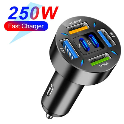 66-250W PD 6in1 Car Charger QC3.0 Fast Charge with Digital Display Universal Cigarette Lighter Adapter for iPhone Samsung Xiaomi