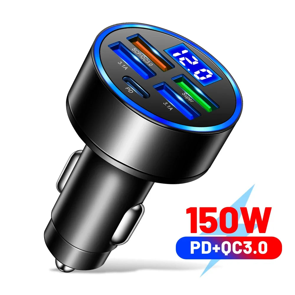 66-250W PD 6in1 Car Charger QC3.0 Fast Charge with Digital Display Universal Cigarette Lighter Adapter for iPhone Samsung Xiaomi
