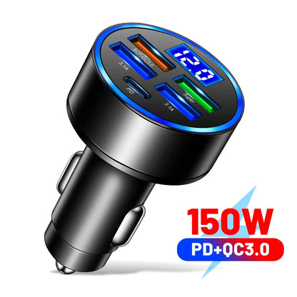 66-250W PD 6in1 Car Charger QC3.0 Fast Charge with Digital Display Universal Cigarette Lighter Adapter for iPhone Samsung Xiaomi