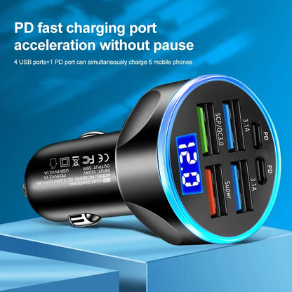 66-250W PD 6in1 Car Charger QC3.0 Fast Charge with Digital Display Universal Cigarette Lighter Adapter for iPhone Samsung Xiaomi