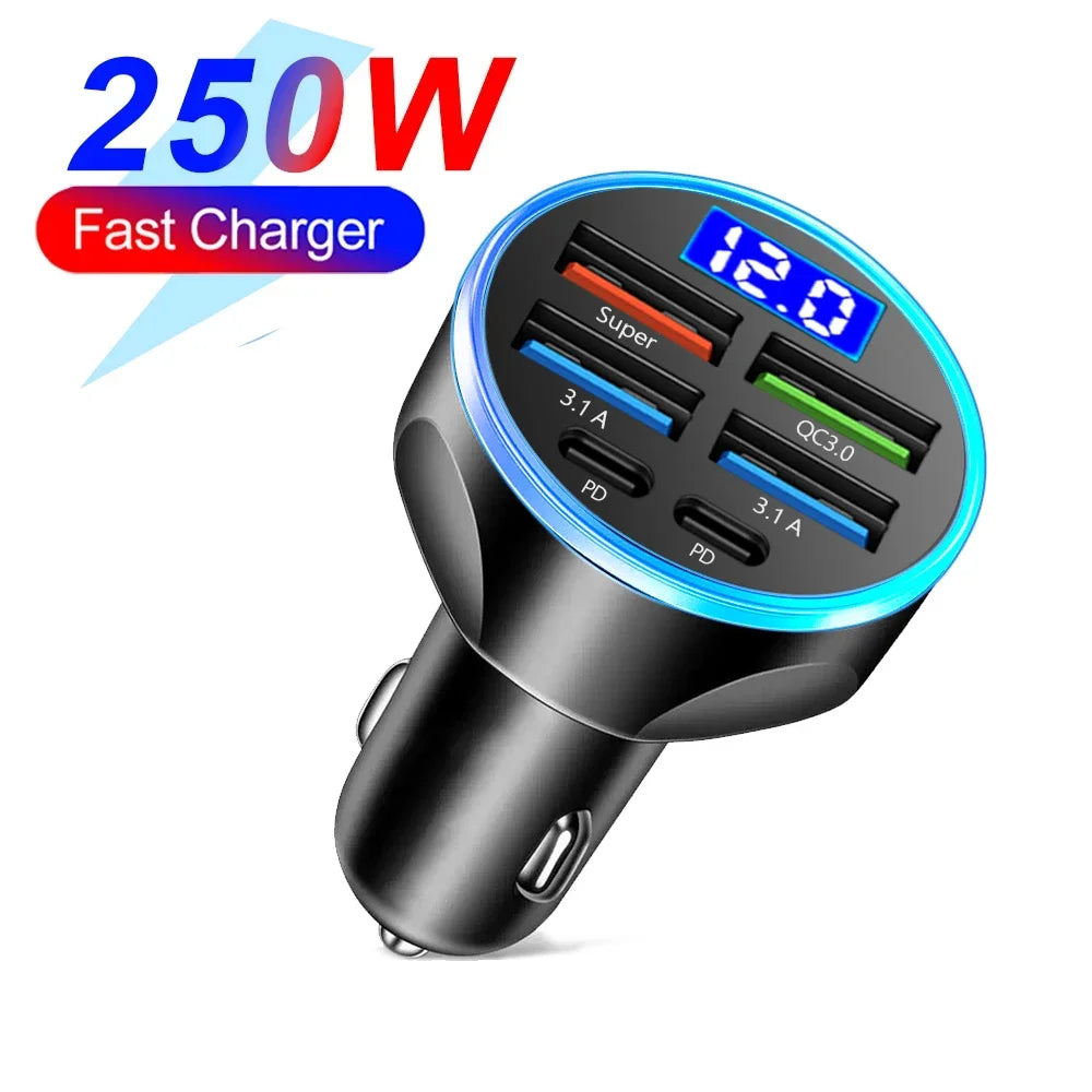 66-250W PD 6in1 Car Charger QC3.0 Fast Charge with Digital Display Universal Cigarette Lighter Adapter for iPhone Samsung Xiaomi